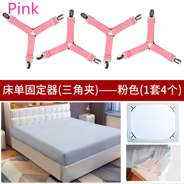 4 Pieces Bed Sheet Clip, Bed Sheet Belt Fastener, Mattress Clip Blanket Gripper, Three Branches, Multiple Direction, Plastic Buckle, Elastic Band, Metal Clips (Pink)